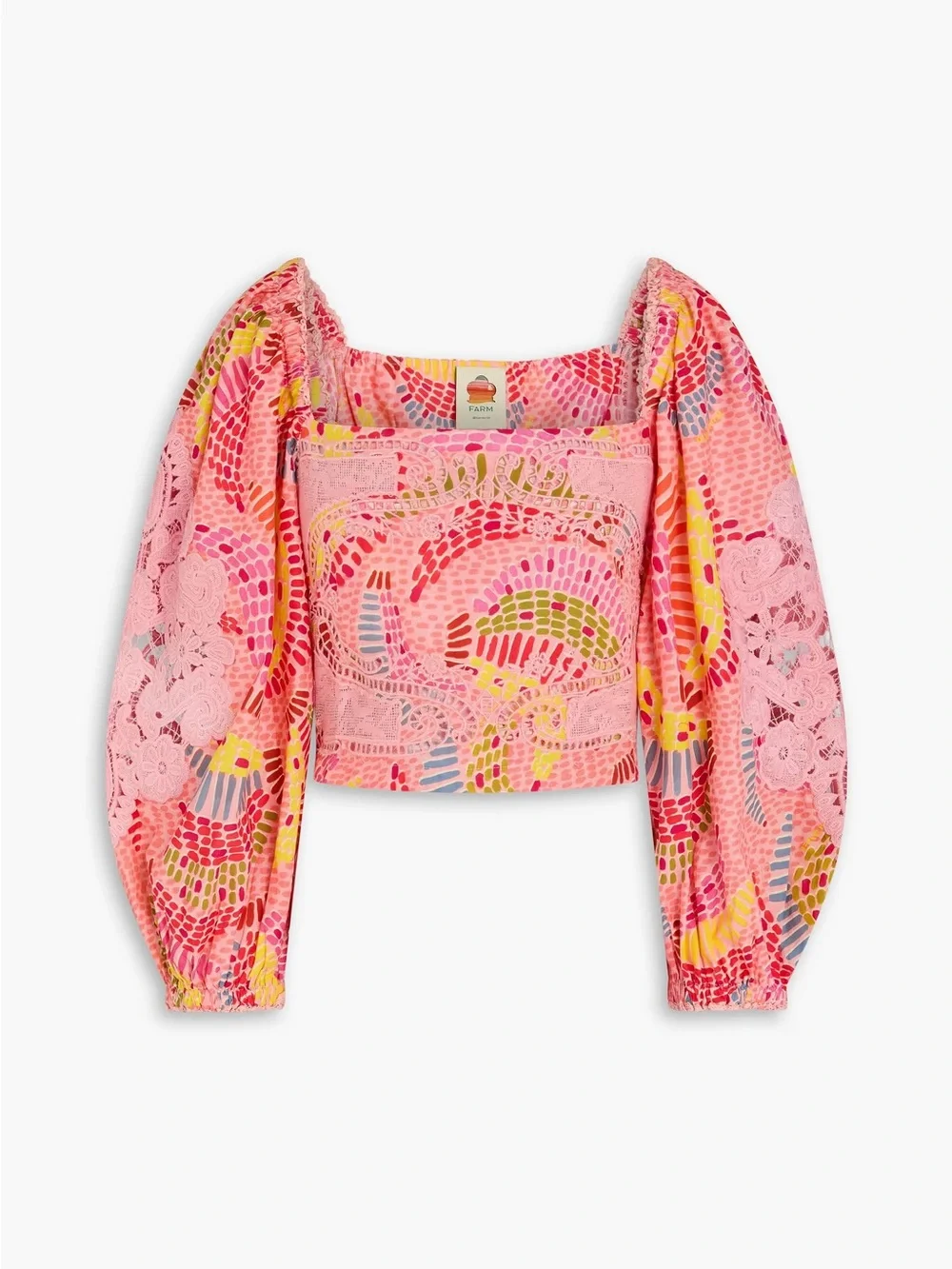 FARM Rio Pink Crochet Lace Puff-Sleeve Crop Top
